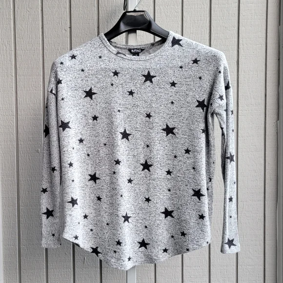 Fitted Sleeves Loose Fit Stretchy Viscose Stars Sweatshirt EUC Women's S grey - Picture 1 of 11